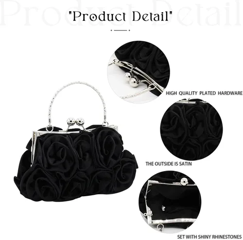 Miniatura 5 de Bolso de mano de noche para mujer, diseño floral, de satén, bolsos pequeños con correa desmontable, para bodas, fiestas, bailes de graduación