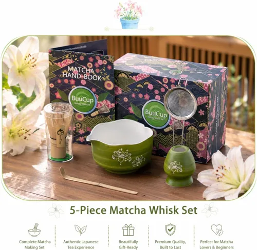 Miniatura 3 de Buucup Juego de matcha, 5 piezas de aguacate verde matcha con cuenco en forma de corazón con boquilla, batidor de bambú, cuchara, tamiz y soporte