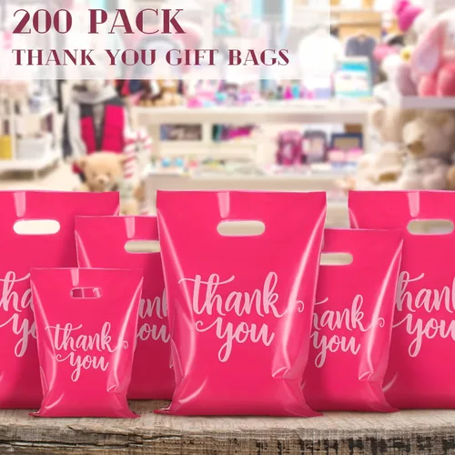 Miniatura 6 de Eersida 200 bolsas de plástico rosadas con asas troqueladas, bolsas de plástico para mercancías para compras, paquete de compras al por menor