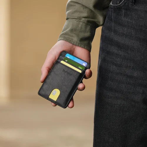 Miniatura 106 de Buffway Billetera delgada para hombre, minimalista con bolsillo frontal delgado, tarjetero de cuero con bloqueo RFID para viajes de trabajo