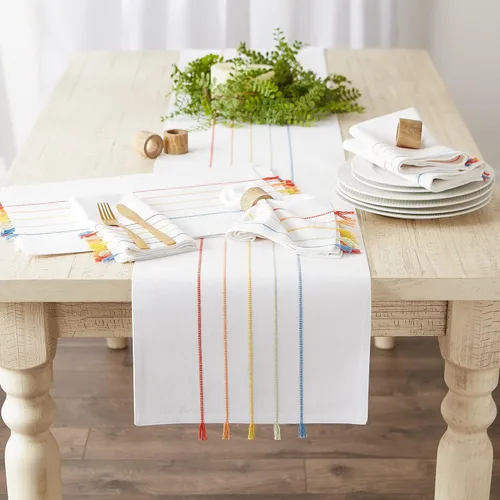 Miniatura 5 de DII Colección decorativa de mesa con borlas, lavable a máquina, juego de manteles individuales, 13x19, blanco y arcoíris, 4 piezas