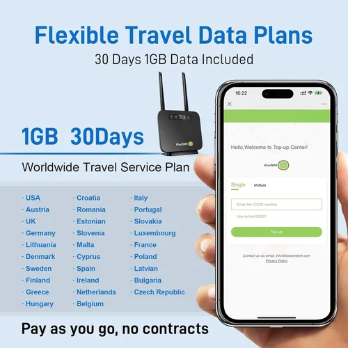 Miniatura 7 de KiwiSIM Enrutador WiFi portátil 4G LTE, puertos WAN y LAN, tarjeta de datos de 1 GB, punto de acceso móvil WiFi de 300 Mbps, compatible