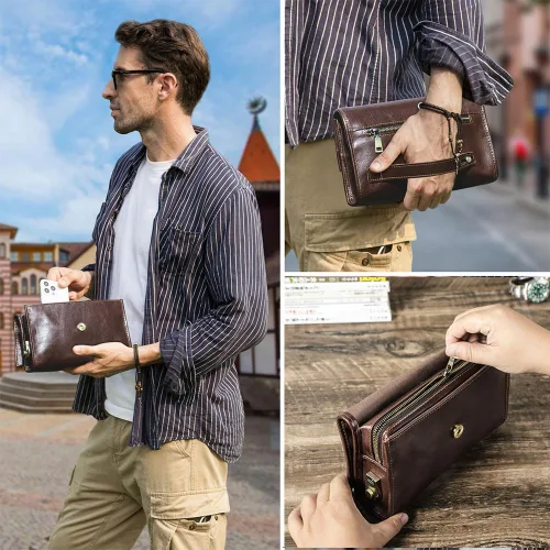 Miniatura 2 de Contacts Genuine Leather Mens Clutch Bag Code Lock Anti Theft Travel Clutch Wallet Clutches Organizer