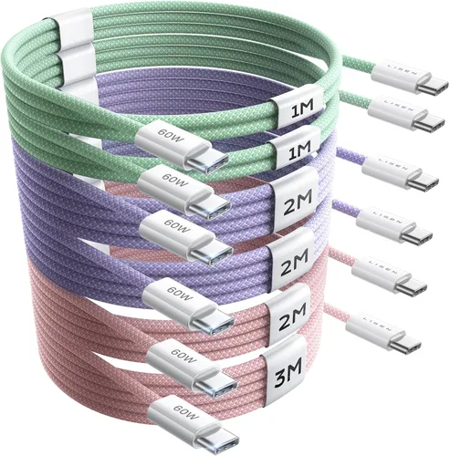 Miniatura 28 de LISEN Cable USB C a USB C, paquete de 5 [3.3/3.3/6.6/6.6/10 pies] para iPhone 17, cable C a C de carga rápida para iPad, iPhone 16 15 Pro Max, Negro