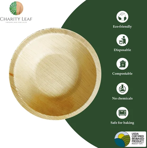 Miniatura 2 de Charity Leaf Cuenco redondo desechable de hoja de palma de 4 pulgadas (50 piezas) Parecido al bambú Todo natural y biodegradable Tablas
