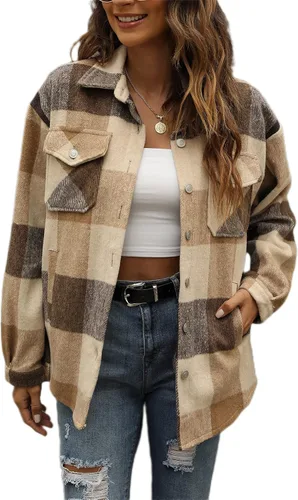 Miniatura 19 de Tanming - Chaquetas de franela cepillada para mujer, a cuadros, con botones, solapas y bolsillos, camisa tipo chaqueta