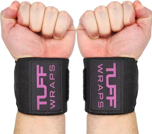 Muñequeras TuffWraps de 16": sin presillas para el pulgar, muñequeras de gimnasio de calidad para levantamiento de pesas, press de banca, Negro/Rosa