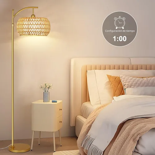Miniatura 3 de Lámpara de pie dorada para sala de estar con 3 temperaturas de color, lámparas de pie bohemias de arco con control remoto, lámpara de pie de ratán