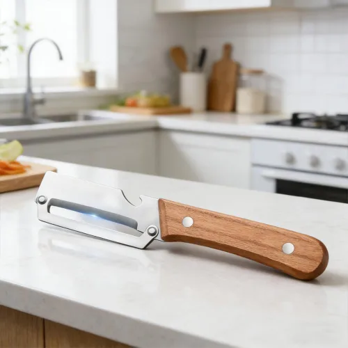 Miniatura 8 de Pelador de verduras premium con mango de madera y abridor de botellas: herramienta de cocina de acero inoxidable 2 en 1 para frutas, manzana