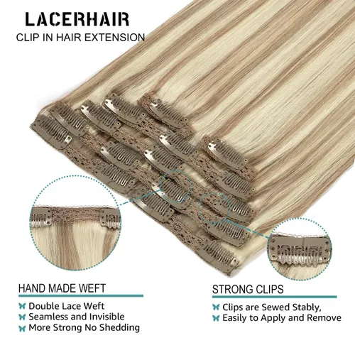 Miniatura 4 de Lacer Extensiones de cabello humano real con clip, color castaño claro, con reflejos rubio platino, grueso, sedoso y lacio, extensiones de cabello