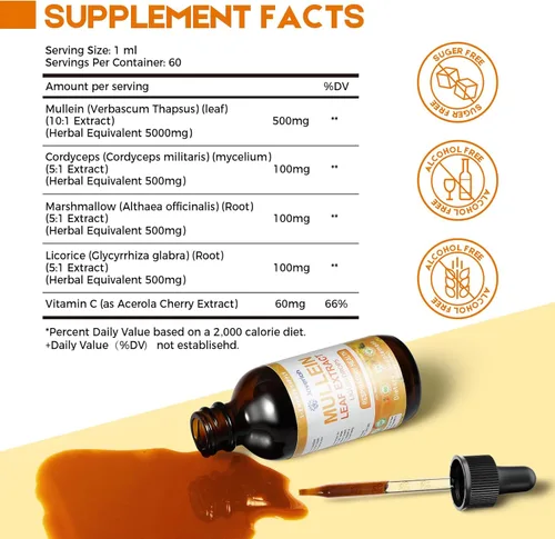 Miniatura 2 de Gotas de gordolobo para limpieza de pulmones - Cordyceps, raíz de malvavisco y extracto de raíz de regaliz, suplemento herbal respiratorio