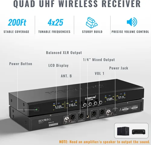 Miniatura 2 de Phenyx Pro Sistema de micrófono inalámbrico de 4 canales PTU-5200-2H2B Bundle con micrófono de mano UHF