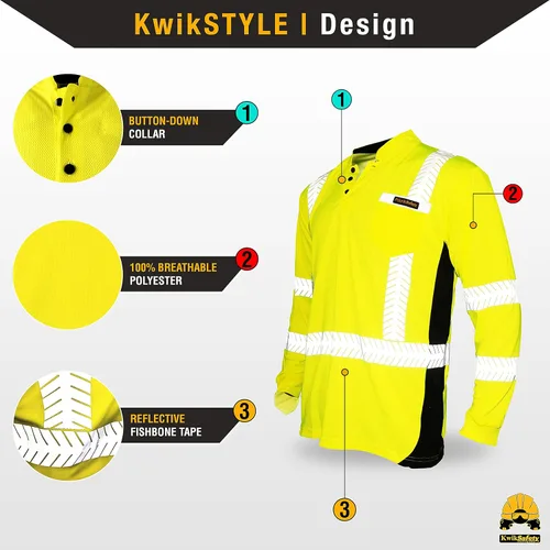 Miniatura 3 de KwikSafety - Charlotte, NC - Camisas de seguridad de manga larga premium [cuello redondo, botón y cuello con cremallera] Clase 3 ANSI probado OSHA