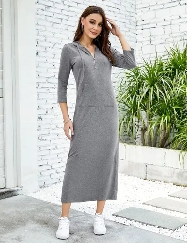 Miniatura 3 de MISSKY Vestido largo con capucha y cuello de cremallera de un cuarto, manga 34, estilo casual, para mujer