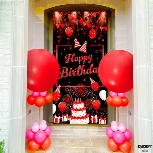Miniatura 4 de KatchOn, Cartel rojo de feliz cumpleaños – XL, 74 x 36 pulgadas Decoraciones de cumpleaños rojo y negro Cartel de feliz cumpleaños