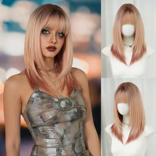 Miniatura 21 de 7JHH WIGS - Peluca de cabello sintético largo y liso con flequillo para mujer, aspecto natural (22 pulgadas, té negro)