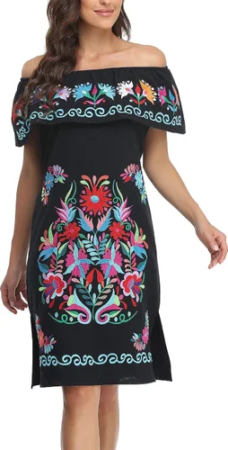 Miniatura 3 de YZXDORWJ Vestido bordado mexicano sin mangas con cuello de volantes para mujer