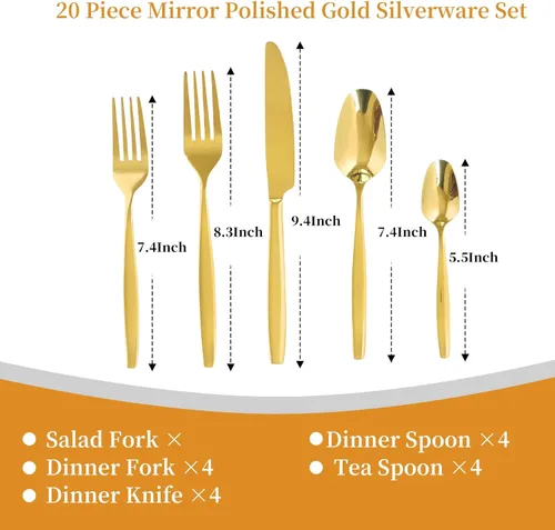 Miniatura 2 de Juego de cubiertos dorados de 20 piezas, cubiertos de acero inoxidable para 4, incluye cuchillo de carne, tenedor y cuchara, apto para lavavajillas