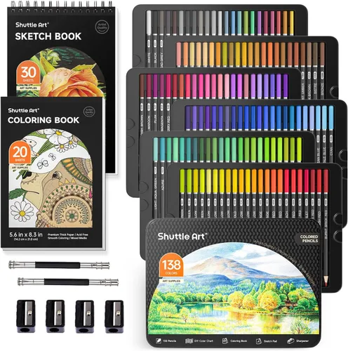 Shuttle Art - Lápices de colores profesionales, 138 colores, de mina suave con 1 libro para colorear, 1 bloc de dibujo, 4 sacapuntas, 2 extensores