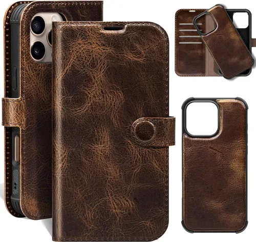 Miniatura 26 de Funda de cuero compatible con iPhone 16 Pro Max Cartera 6.9", cuero genuino 2 en 1, magnética, desmontable, a prueba de golpes, funda tipo folio