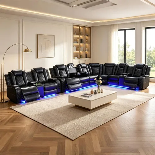 Miniatura 22 de Juego de sofá modular reclinable eléctrico con LED, juegos de muebles de sala de estar, sofá reclinable de cuero para sala de estar/cine en casa