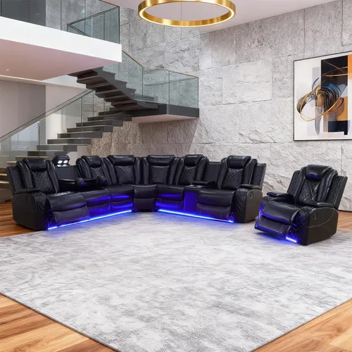 Miniatura 11 de Juego de sofá modular reclinable eléctrico para sala de estar, juego de sofá reclinable de cuero con luces LED / almacenamiento oculto, sofá