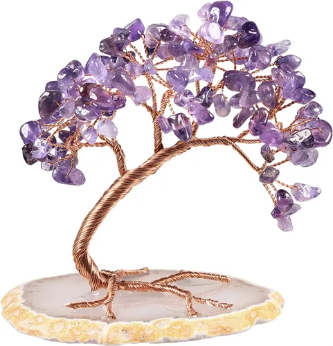 Miniatura 13 de Nupuyai Árbol de dinero de cristal curativo de alambre de cobre de 3-4 pulgadas para la buena suerte, base de rodajas de ágata bonsái, decoración