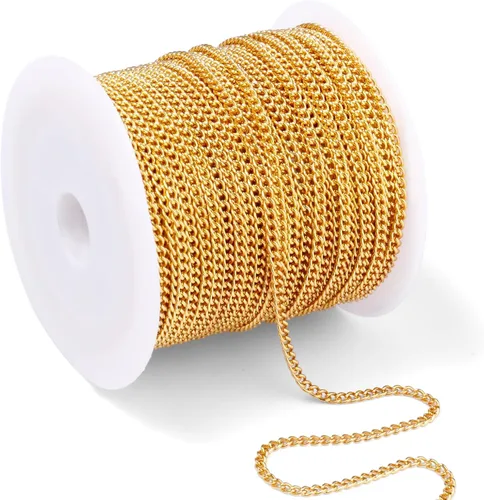 Miniatura 33 de [66 pies/20M] Cadena de bordillo de acero inoxidable chapada en oro de 18 quilates, 2mm, acero inoxidable 304, eslabones trenzados planos, cadenas