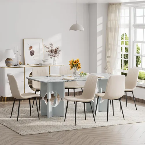 Miniatura 9 de Moderno juego de mesa rectangular para 4, mesa grande de mármol sintético gris de 71 pulgadas con base de metal con marco hueco, y 4 sillas