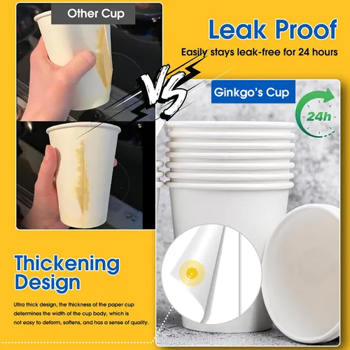Miniatura 2 de Ginkgo 200 tazas de café desechables de 12 onzas a prueba de fugas, tazas de papel espesadas de papel blanco caliente tazas de café caliente