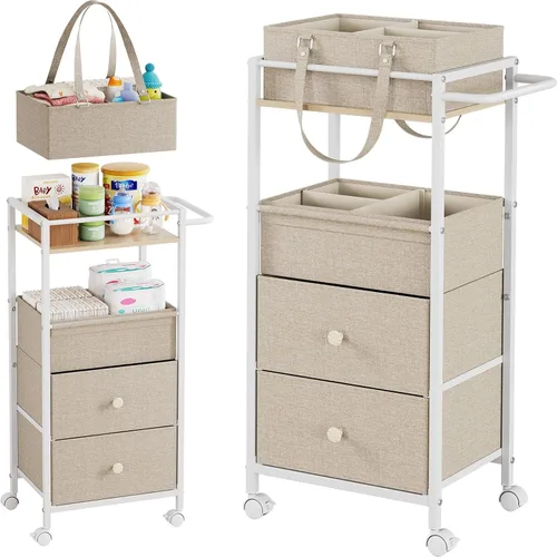 Miniatura 9 de Modanais Carrito organizador de pañales para bebé con cajones, carrito de almacenamiento rodante 3 en 1 con ruedas, organizador de pañales