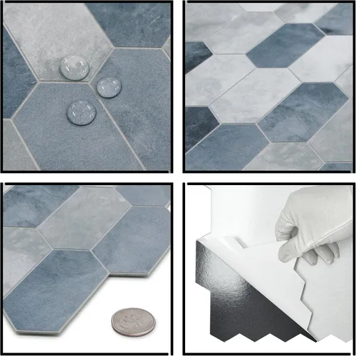Miniatura 5 de The Tiles Plaza Protector Contra Salpicaduras de 10 Hojas para Despegar y Pegar, 12" x 11.5" Azulejo Autoadhesivo de Pared Hexagonal Largo