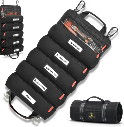 Bolsa de herramientas enrollable con mosquetones, 5 bolsillos grandes de gran tamaño con etiquetas, organizador de bolsas enrollables de Negro