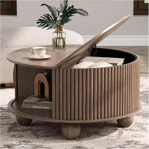 Miniatura 22 de JOINICE - Mesa auxiliar cuadrada con tapa elevable para sala estar u oficina en casa, con almacenamiento, compartimento oculto, estilo moderno Nogal