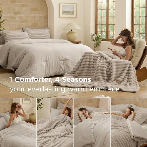 Miniatura 2 de Bedsure Gentlesoft™ Juego de edredón individual 2 en 1 y manta esponjosa desmontable, juego de ropa de cama beige para uso en todas las estaciones