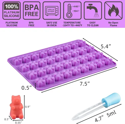 Miniatura 3 de Moldes de Gomitas de Oso de Silicona para Dulces – Moldes de Gomitas de Chocolate de Tamaño Mini con 2 Goteros de Silicona Antiadherente de Grado