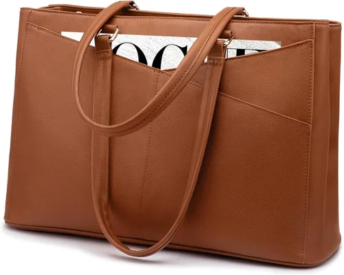 Miniatura 40 de LOVEVOOK Bolsa de mano para computadora portátil para mujer, bolsas de trabajo de cuero de 15.6 pulgadas con soporte grande para tazas para Negro