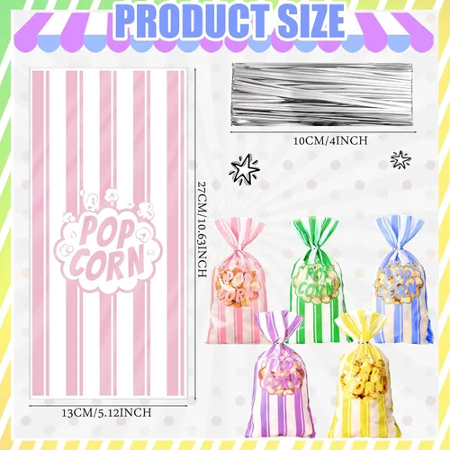 Miniatura 2 de 200 bolsas de palomitas de maíz, bolsas de plástico para máquina de palomitas de maíz, recipientes de maíz con lazos giratorios para carnaval, Pastel