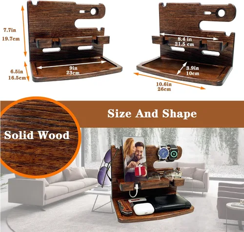 Miniatura 3 de VEIYAILU Regalos para hombres, novio, papá, marido, él, estación de acoplamiento de madera, organizador de mesita de noche para hombres (nogal)
