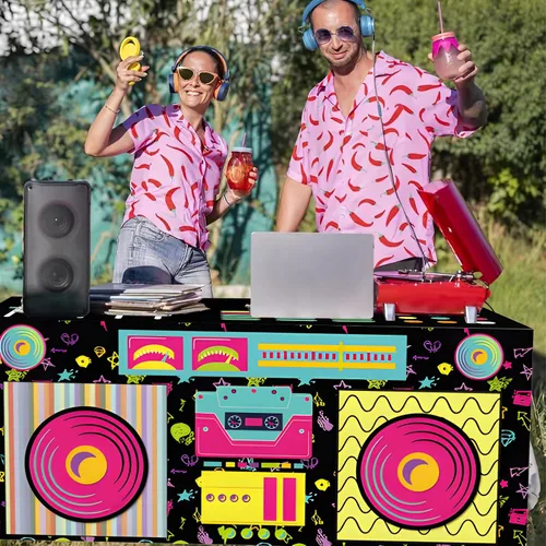 Miniatura 5 de Mantel rectangular de 6 pies de los años 80 y 90, con estampado de altavoz estéreo de radio retro, funda de mesa de tela lavable para cumpleaños