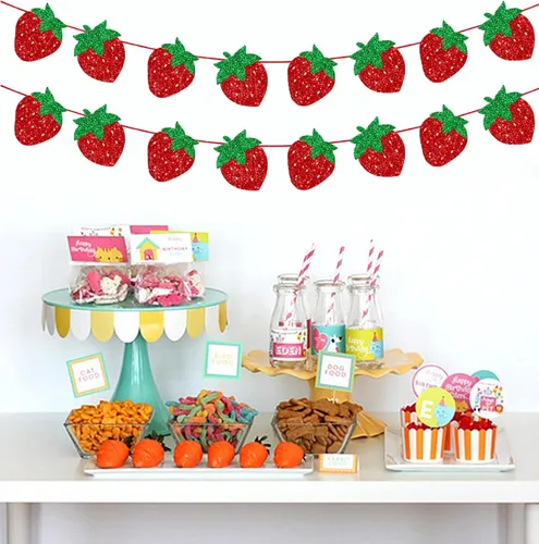 Miniatura 2 de TSJ Decoración de guirnalda de fresas con purpurina y bayas para colgar, recuerdos de fiesta temática de fresas para fiesta de cumpleaños, baby