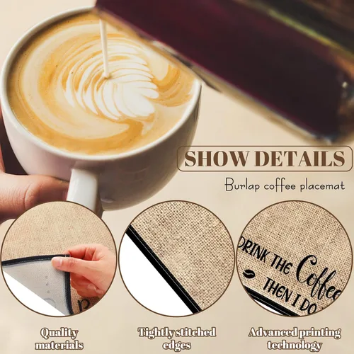 Miniatura 3 de Tegeme 2 tapetes de café de 18 x 12 pulgadas mate para encimera, manteles individuales rústicos de arpillera, decoración para máquina de espresso