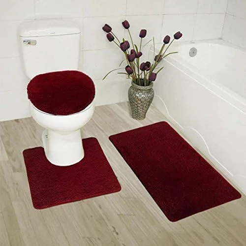 Miniatura 2 de Juego de 3 alfombras de baño sólidas que incluye alfombra de baño, tapete de contorno y cubierta para tapa de inodoro (negro)