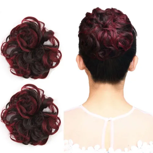 Miniatura 10 de Extensiones de cabello rizado, color marrón y rosa claro, extensiones de moño desordenado, 2 unidades por paquete, extensiones de moño elástico