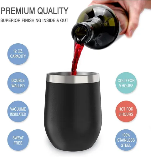 Miniatura 2 de CHILLOUT LIFE - Vaso de vino de acero inoxidable de 355 ml/12 oz, doble pared aislada al vacío, tazas de vino con tapas y popotes