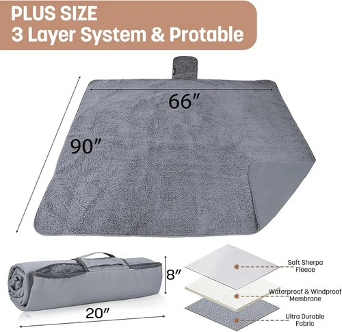 Miniatura 5 de Tirrinia Manta impermeable para exteriores con forro sherpa, resistente al viento, triple capa, cálida y cómoda, plegable para camping, estadio