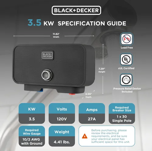 Miniatura 2 de BLACK+DECKER Calentador de agua eléctrico sin tanque de punto de uso de 3.5kW / 120-V 0.5 GPM con dispositivo de alivio de presión, calentador