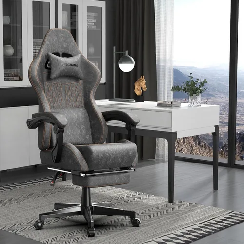 Miniatura 2 de Ferghana Silla vintage de piel sintética para videojuegos, silla de jugador con respaldo alto con masaje, silla ergonómica de oficina para Gris Acero