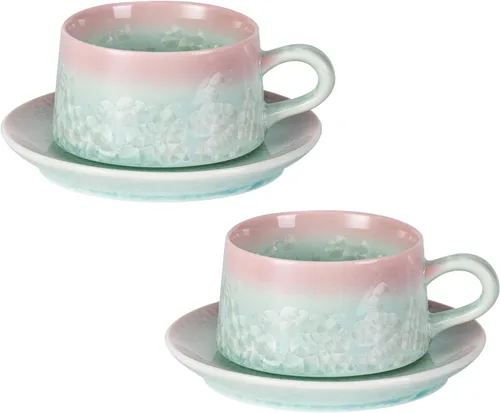 Miniatura 10 de Juego de 2 tazas de té y platillos KAMMAK, tazas de café de porcelana, 7.5oz tazas de expreso con esmalte cristalino, tazas de cerámica demitaza
