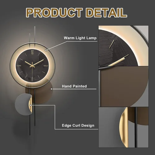 Miniatura 6 de Reloj de pared moderno para sala de estar, gran reloj de pared decorativo negro con luz, reloj silencioso creativo funciona con pilas, arte de pared